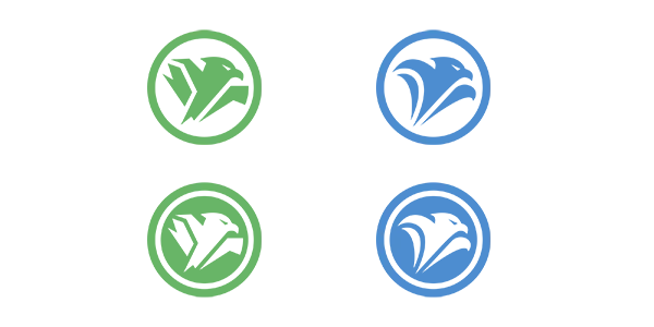 Crests of the Steel Falcon Clan (left) and Storm Falcon Clan (right). The Steel Falcon Clan consists of Extraverted Thinkers (top) and Introverted Thinkers (bottom), while the Storm Falcon Clan consists of Extraverted Feelers (top) and Introverted Feelers (bottom).